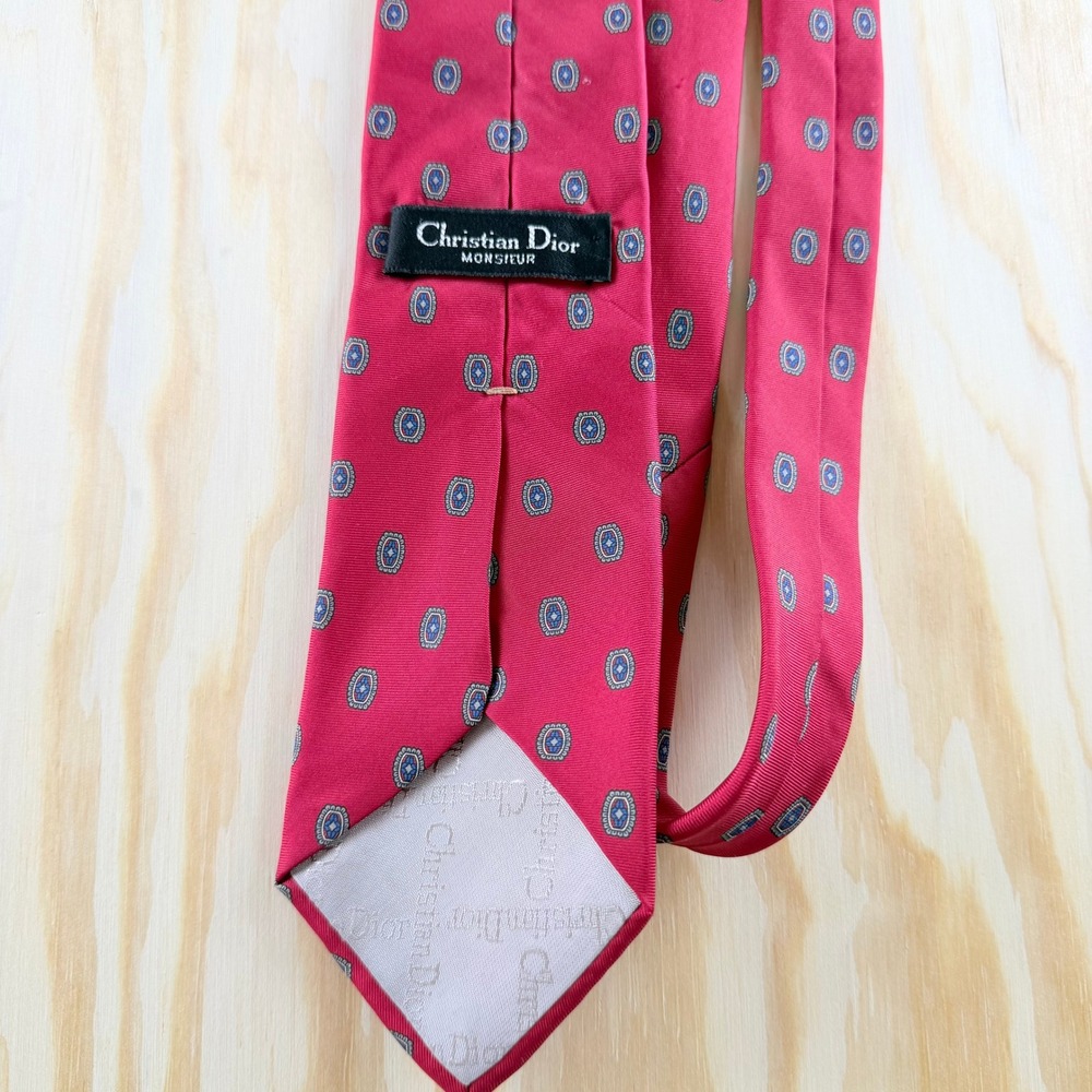 Christian Dior Monsieur Silk Tie Red Geometric Medallion Italian Fabric USA Made